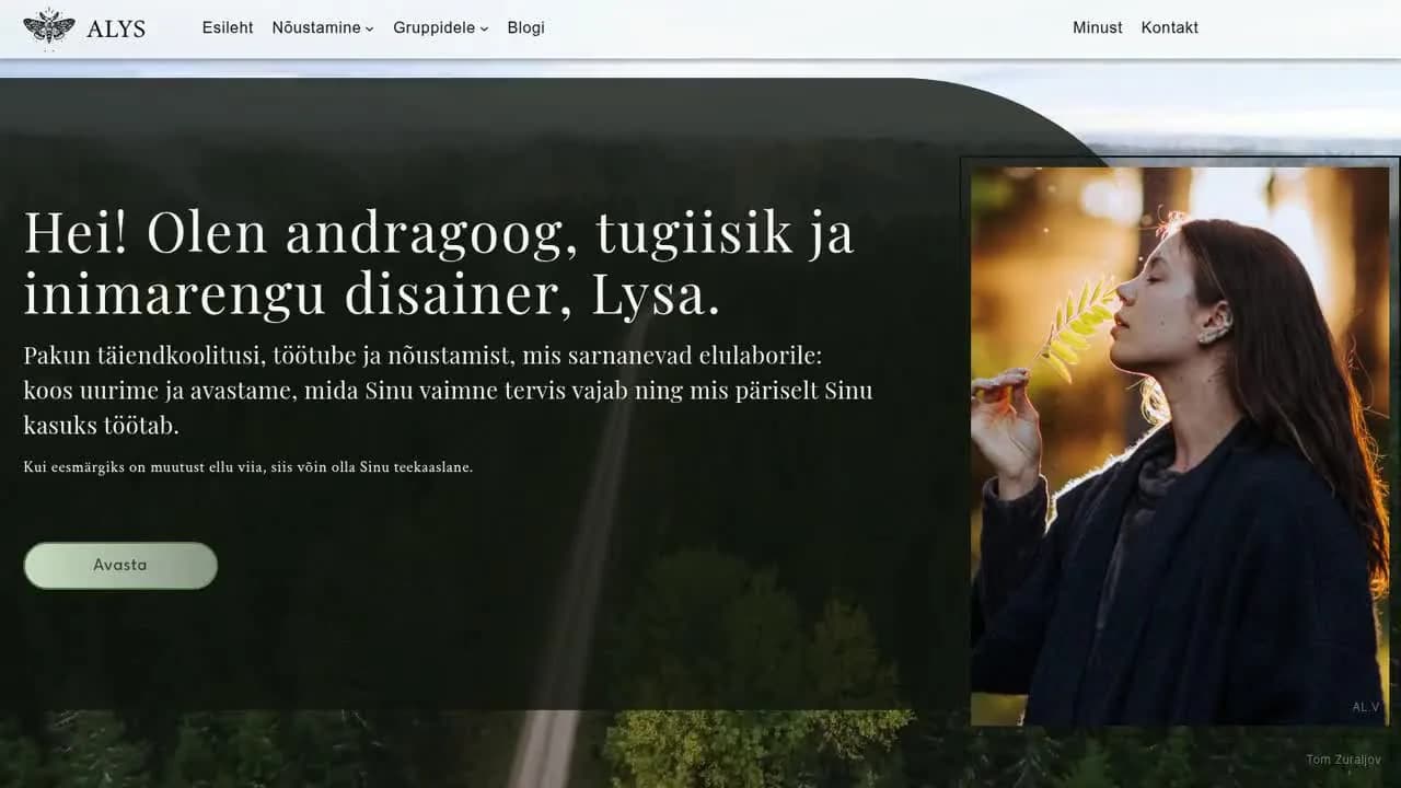 alysa.ee avaleht: andragoogi ja inimarengu disaineri tutvustus metsa taustal