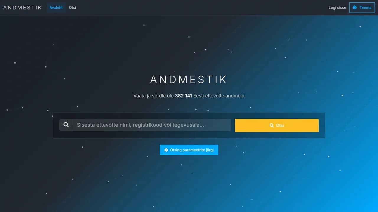 andmestik.ee avaleht tumedas teemas: Eesti ettevõtete otsing ja võrdlus